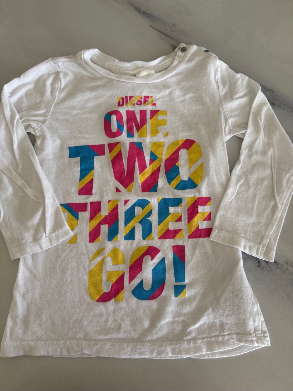 DIESEL White Long Sleeve Tee with Bright Multicolor 'ONE TWO THREE GO!' Graphic